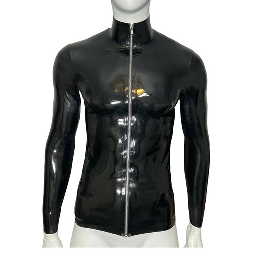 Latex Rubber Shirt Long Sleeves Top Full-front metallic zip