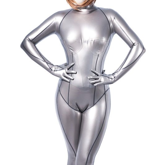 Latex Rubber Catsuit Metallic Silver Bodysuit with Gloves