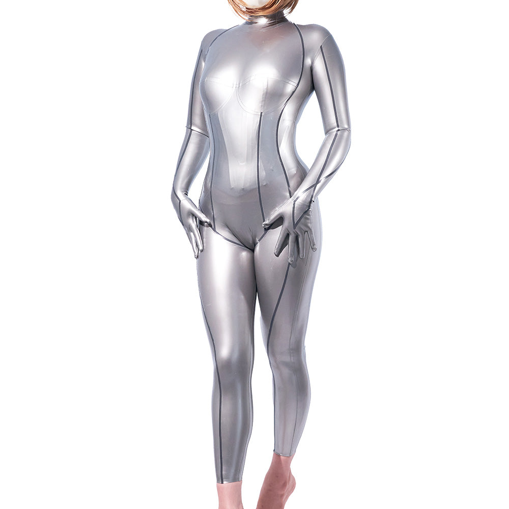 Latex Rubber Catsuit Metallic Silver Bodysuit with Gloves