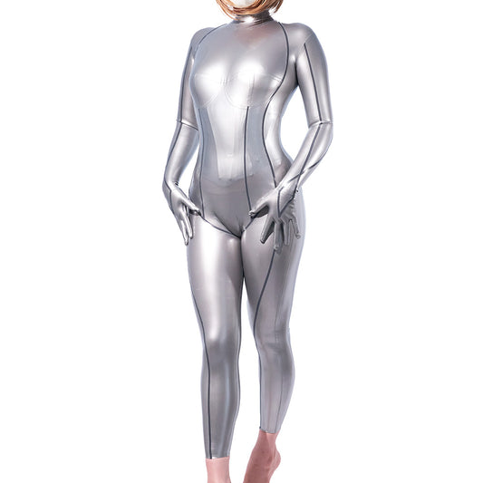 Latex Rubber Catsuit Metallic Silver Bodysuit with Gloves
