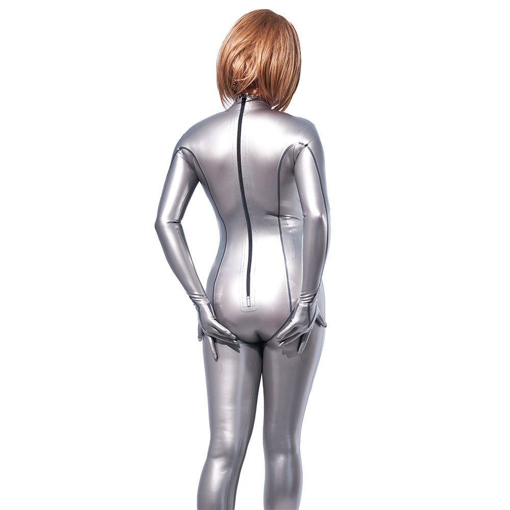 Latex Rubber Catsuit Metallic Silver Bodysuit with Gloves