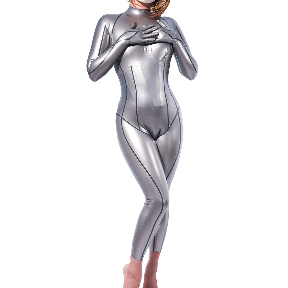 Latex Rubber Catsuit Metallic Silver Bodysuit with Gloves