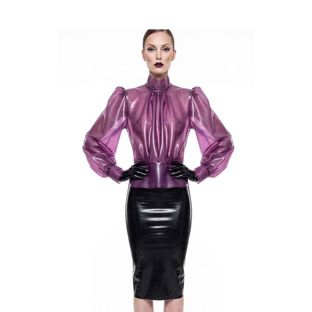 Sheer Purple Latex Puff Sleeve Blouse High-Neck Latex Top with Back Zip
