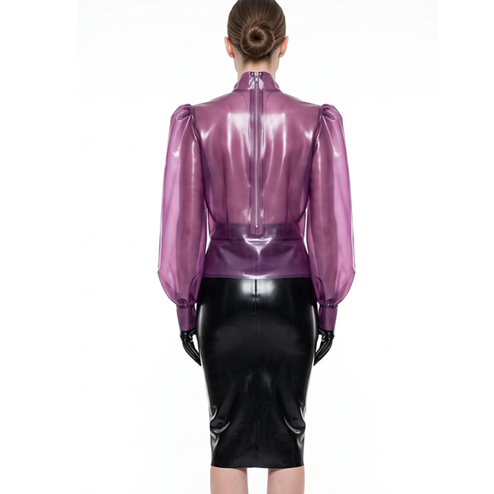 Sheer Purple Latex Puff Sleeve Blouse High-Neck Latex Top with Back Zip