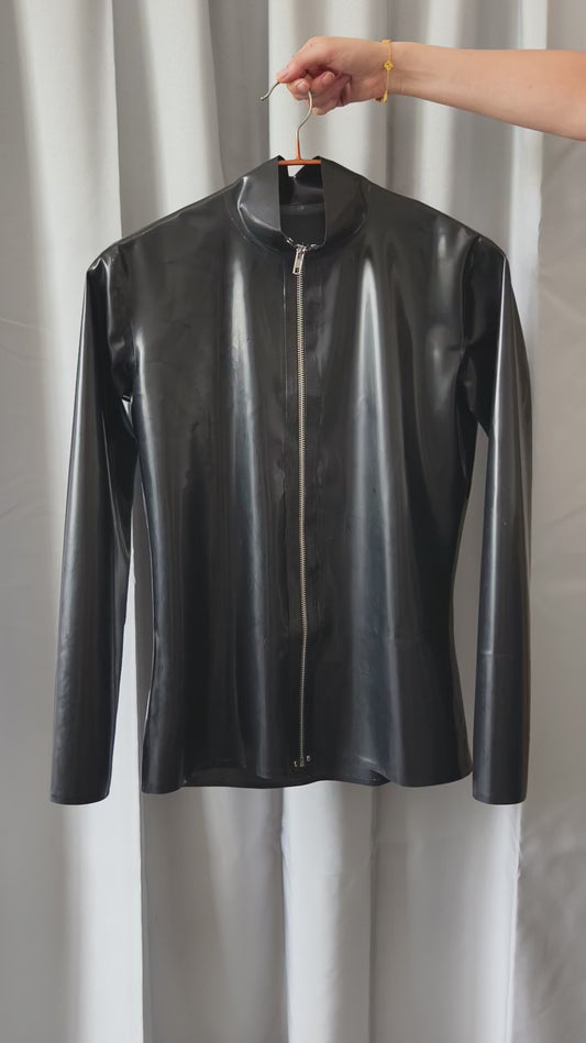 Latex Rubber Shirt Long Sleeves Top Full-front metallic zip